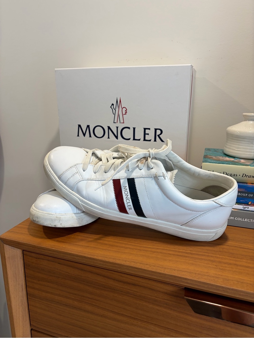 Moncler White Leather Men's Low-Top Sneakers with Red & Navy Stripe